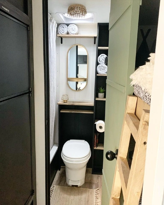 Black Cabinetry + Sage Door + Open Shelves