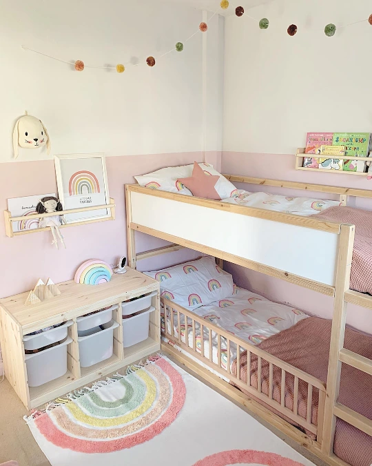 Wooden Bunk Beds with Rainbow Decor