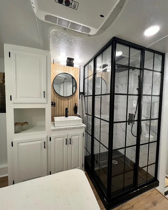 Warm Wood and Grid-Glass Shower