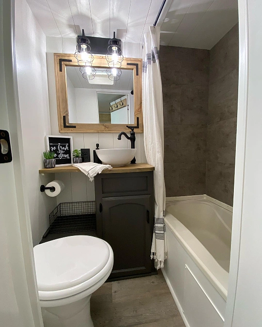 Wood-Framed Mirror + Charcoal Vanity