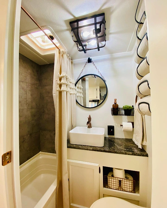 Round Mirror + Marble Counter + Towel Rack