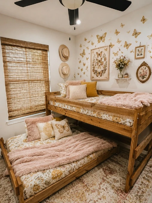 Offset Wooden Bunk Beds with Butterfly Decor