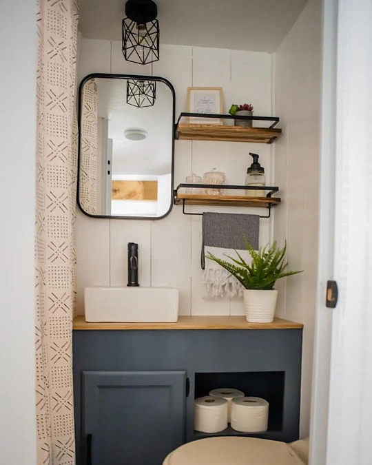 Slate Blue Vanity and Open Shelves