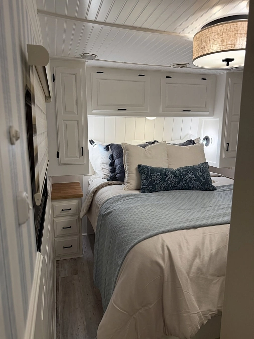 White Cabinetry + Layered Blue Bedding