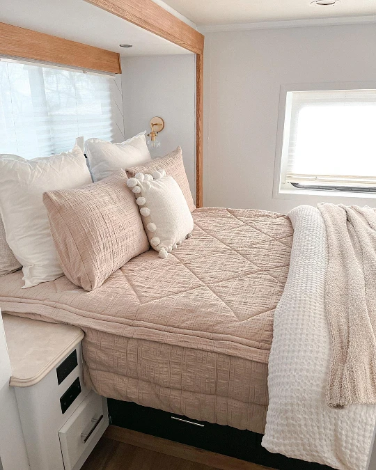 Soft Blush Bedding with Oak Trim