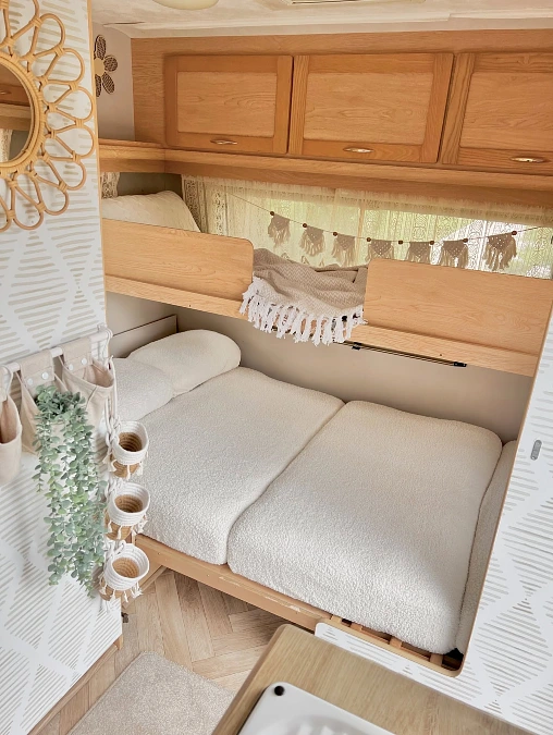 Oak Cabinets + Layered Boho Bunks