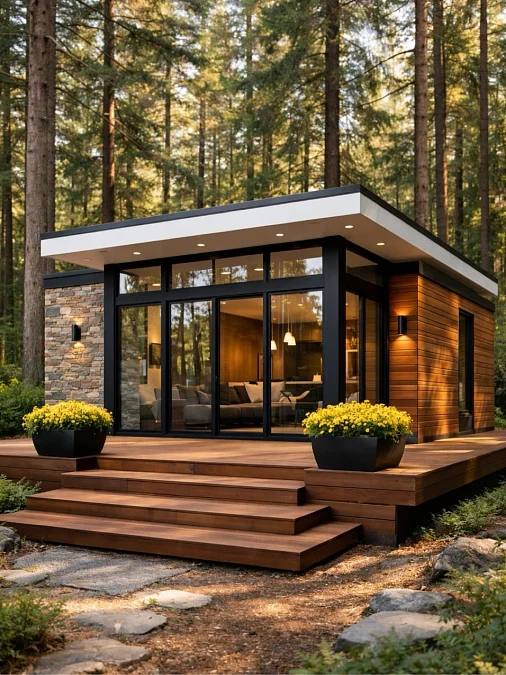 Glass Cabin Among the Pines