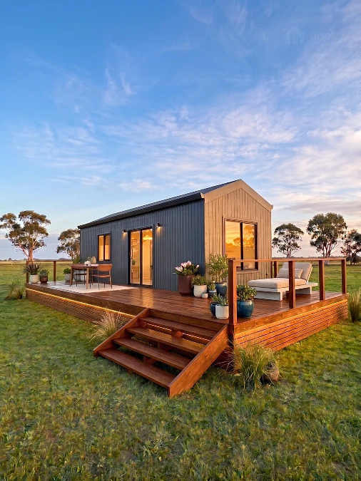 Dark Cladding + Wraparound Timber Deck