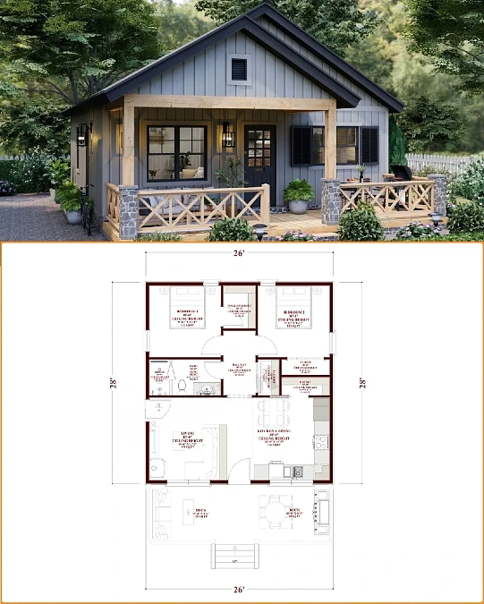 A Symmetrical Two-Bedroom Cottage