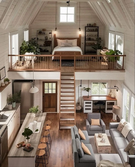 Bright Loft Bedroom Above Open Living