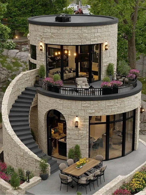 Circular Stone Tower with Curved Terrace