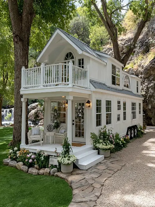 White Cottage with an Upper Balcony