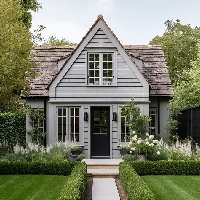Gray Farmhouse with Formal Garden