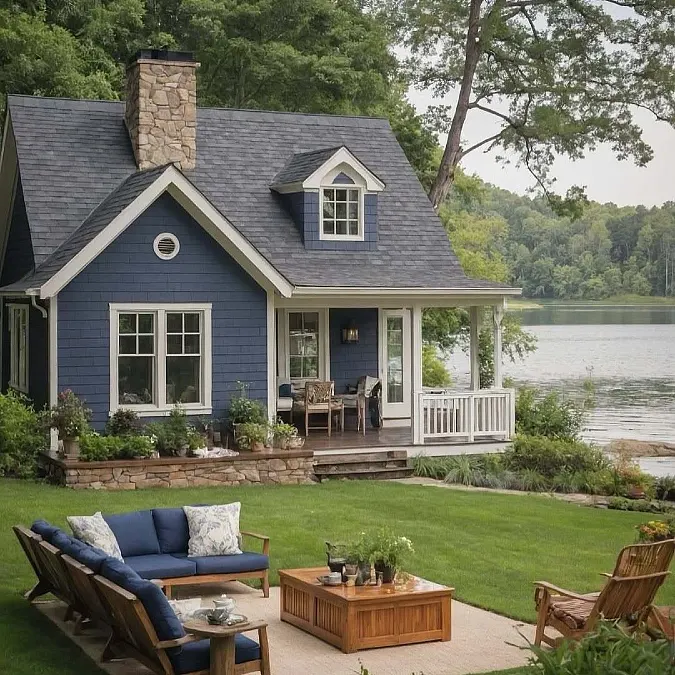 Blue Siding + Stone Chimney + Lakeside Patio