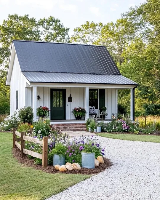 White Siding + Black Roof + Wildflowers