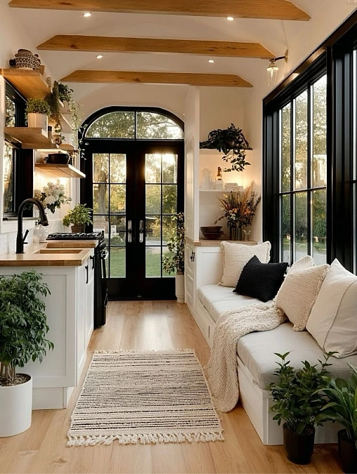 Black-Framed Windows + Built-In Sofa