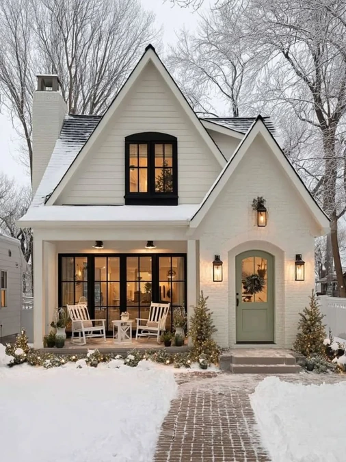 Snowy White Cottage Exterior