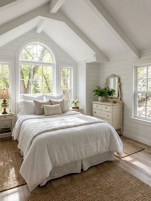 Soft White Vaulted Bedroom