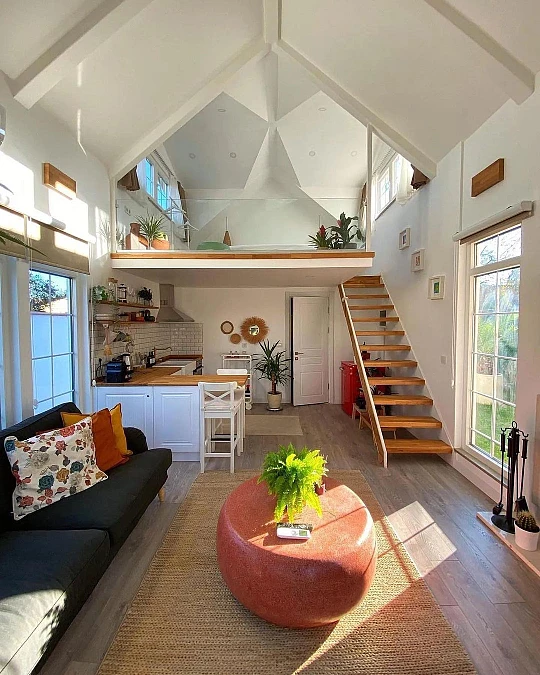 Coral Ottoman + Black Sofa + Loft