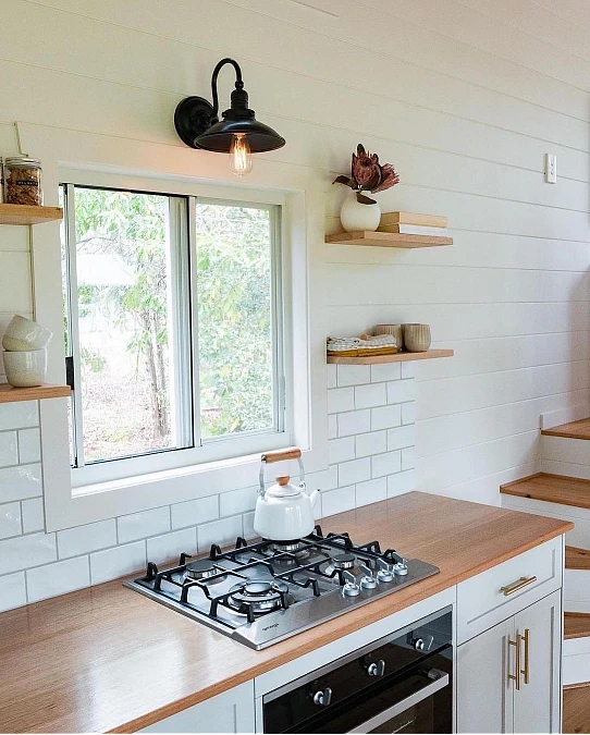 White Shiplap Kitchen with Oak Shelves