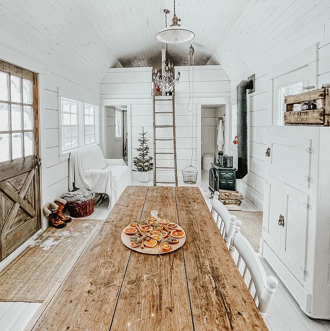 Farmhouse Table + Loft Ladder + Wood Stove