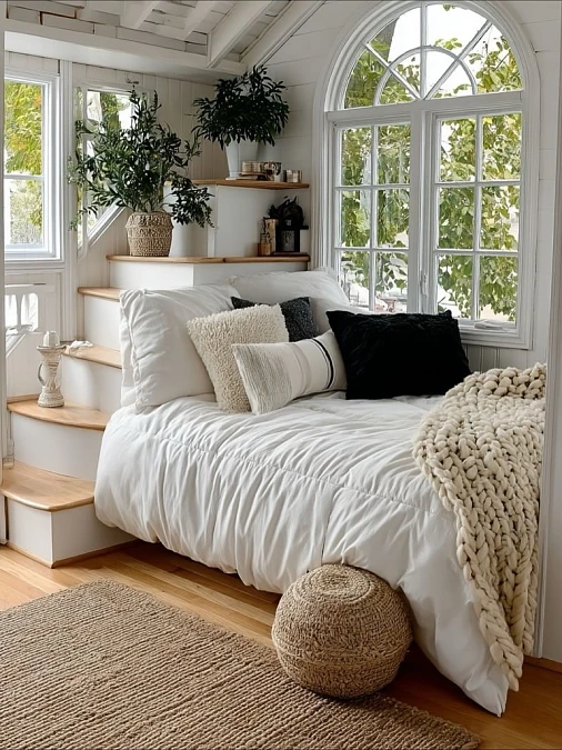 Arched Window + White Daybed + Curved Steps