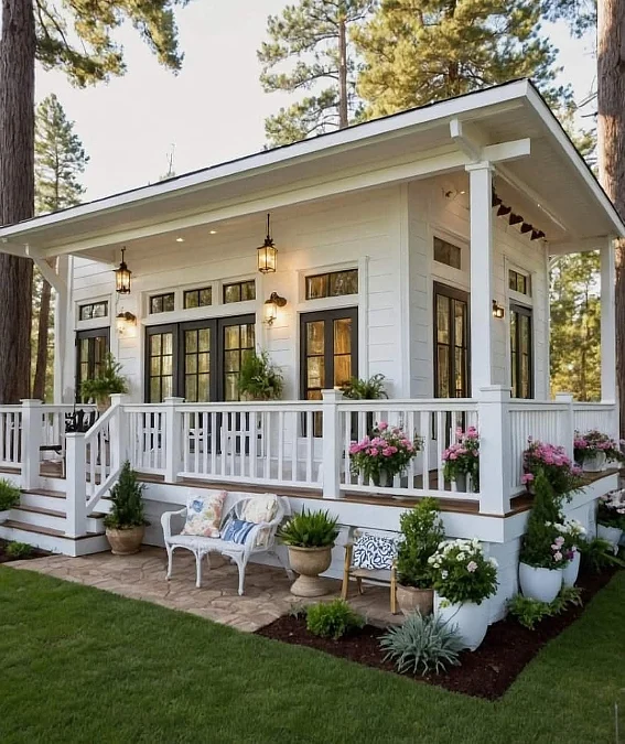 White Cottage Porch with Garden Planters