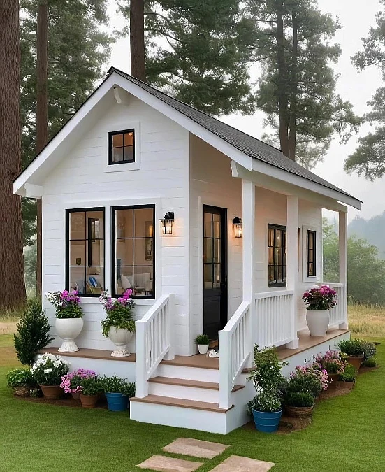 Black Trim + White Siding + Flower Pots