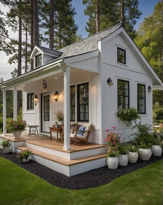 White Farmhouse Porch with Black Windows
