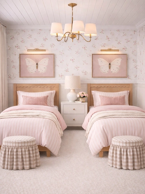 Scalloped Wooden Beds and Butterfly Prints