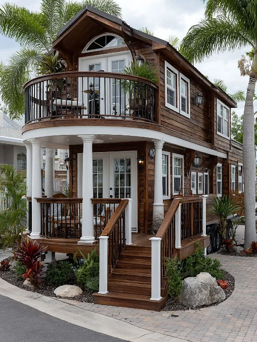 Two-Story Tiny House with Curved Balcony