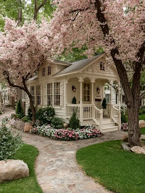 Cream Cottage Under Pink Blossoms