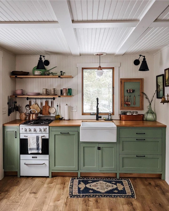 Sage Green Cabinets and Warm Wood