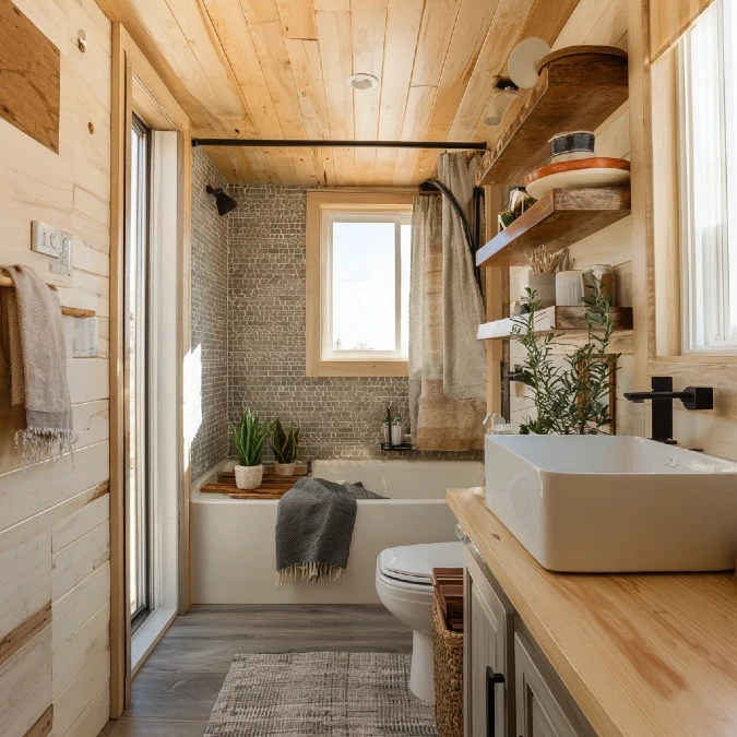 Wood Paneling + Vessel Sink + Open Shelves
