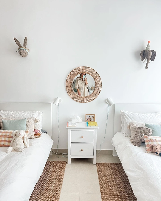 Minimalist Twin Beds with Woven Accents