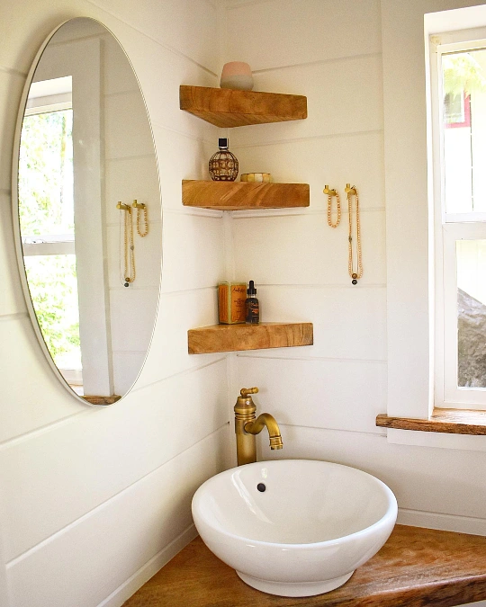 Wood Shelves Above a Vessel Sink
