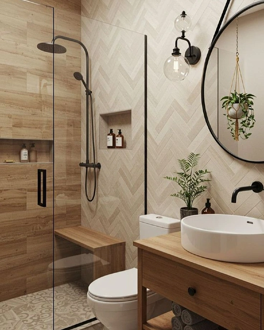 Herringbone Tile + Wood Vanity + Glass Shower
