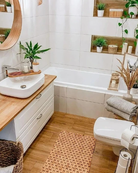 White Tile Bathroom with Wood Accents