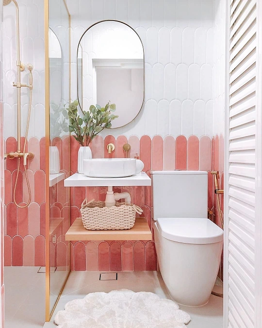 Blush Tile + Brass Fixtures + White Vanity