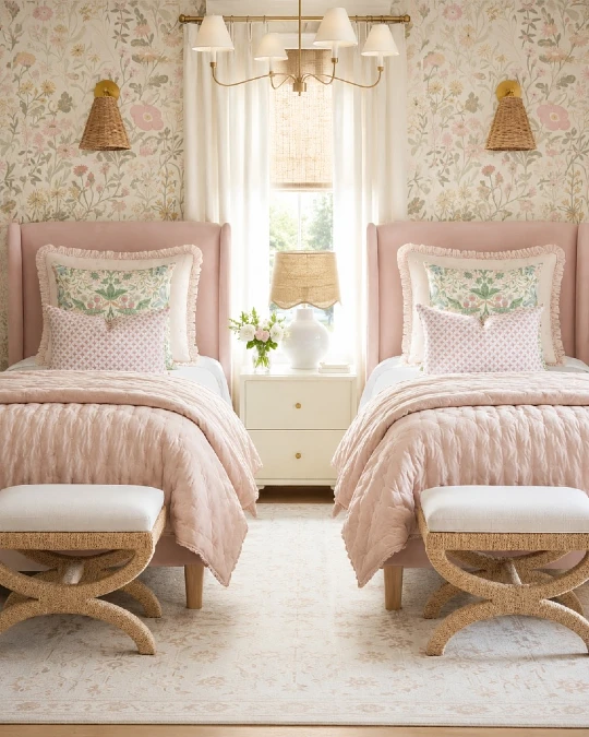 Elegant Pink Beds with Botanical Wallpaper