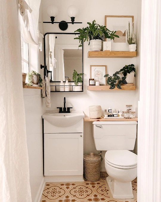 Plant-Filled Shelf Bathroom