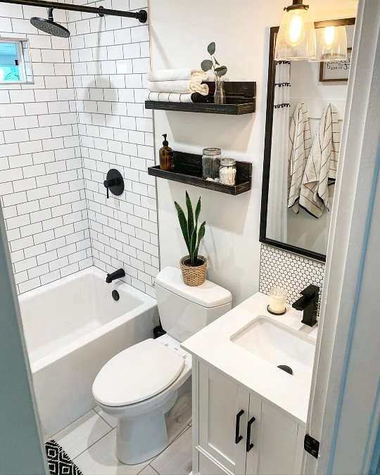 Subway Tile Bath with Black Shelves
