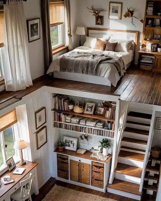 Platform Bed + Library Wall + Woven Storage